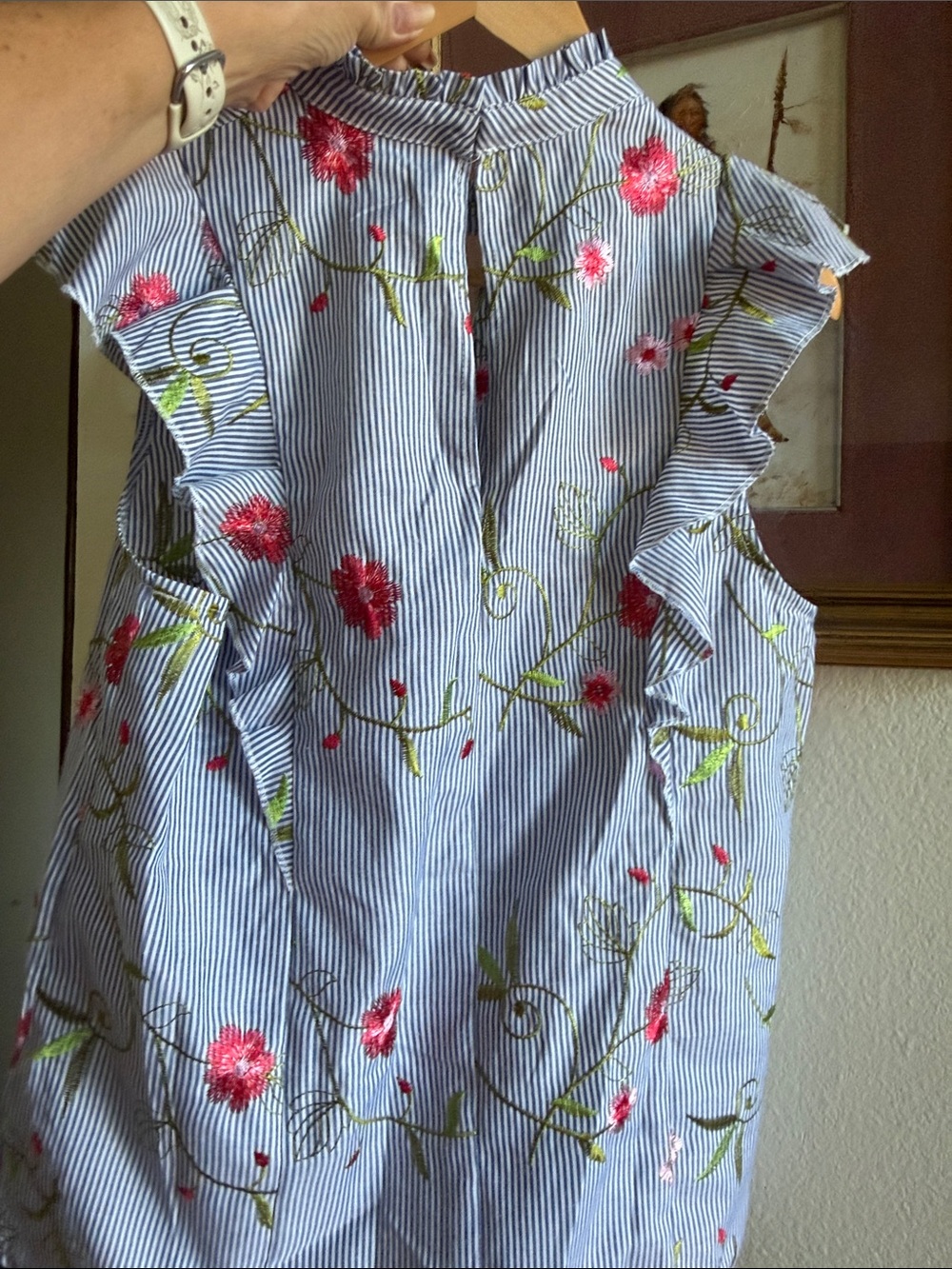 BCBGeneration Blue and Pink Floral Ruffle Sleeveless Blouse - Picture 4 of 4